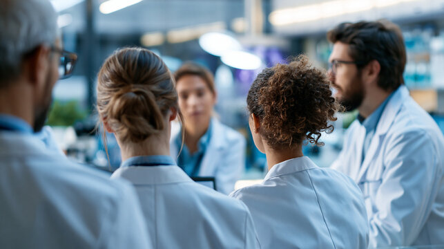 A European scientist group viewed from behind discusses soft findings in a bright modern research facility in calm daylight science discussion faceless back view modern lab