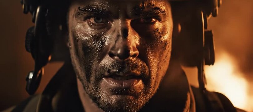 Rugged firefighter illuminated by distant firelight showing intense determination and realistic facial detail