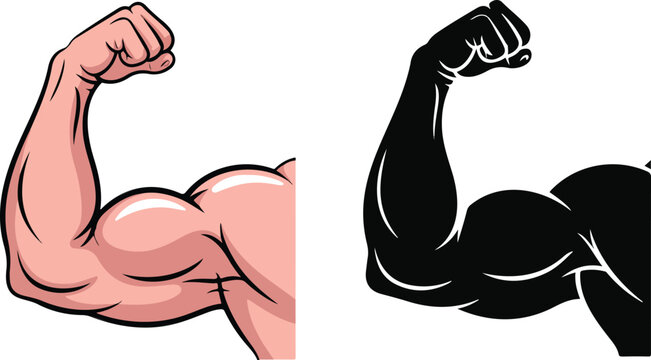 Strong muscular bicep flexed arm vector illustration with black silhouette version for gym fitness and bodybuilding logo design
