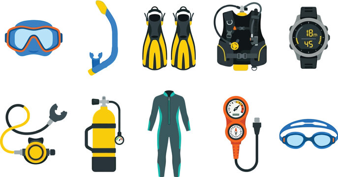 Scuba diving and snorkeling equipment icon set.