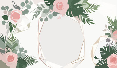 Elegant wedding invitation template with pink roses eucalyptus berries and polygonal floral frame © MdMamun