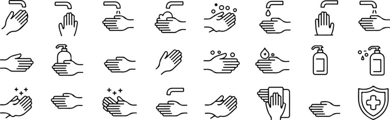Obraz premium Hand washing and hygiene line icon set with soap pump bottle faucet water drops and shield protection symbols isolated on white background