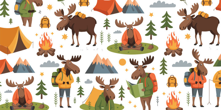 Cute cartoon moose camping and hiking seamless pattern with tents campfires mountains backpacks and forest pine trees vector background