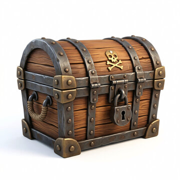 Coffre au tr&eacute;sor en bois avec d&eacute;tails m&eacute;talliques dans un style pirate