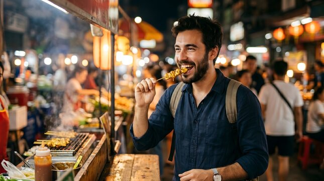 Happy man enjoying street food at night market, smiling and eating delicious snack.