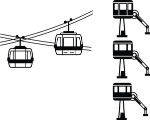 Black silhouette illustrations of gondola cable cars and support structures representing transportation, engineering, and infrastructure concepts © MDMAHMUDUL