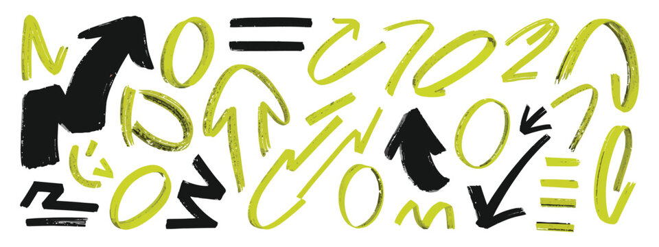Marker highlights, handwritten underline strokes, circle marks and arrow shapes for note taking and text decoration.