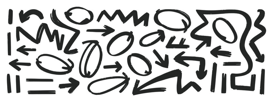 Marker highlights, handwritten underline strokes, circle marks and arrow shapes for note taking and text decoration.