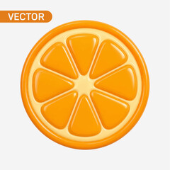 Obraz premium Glossy orange slice icon on white background. Citrus fruit, fresh juice, vitamin, healthy food, tropical flavor, sweet summer, organic market, cute 3d icon concept. Vector illustration