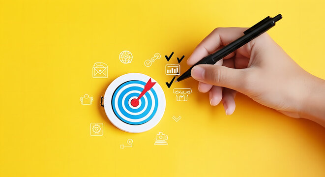 Hand drawing bullseye target on sticky note with black marker on yellow background