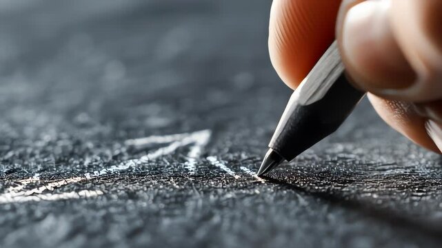 Close-up of hand writing on dark surface with silver pen emphasizing creativity and focus