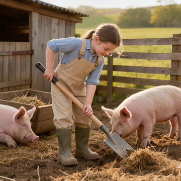 feeding animals pig farm cute girl