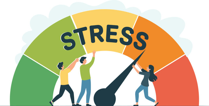 Tiny people pushing back arrow indicator on huge stress level speedometer gauge concept vector illustration