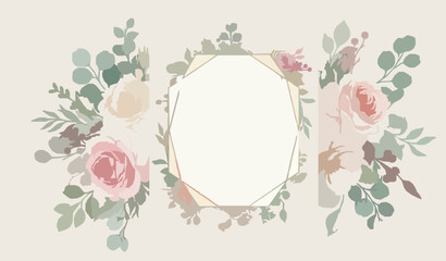 Watercolor wedding invitation template with pink roses berries eucalyptus and polygon frame © MdMamun
