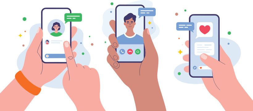 Hands holding smartphones using mobile applications for chatting video calling and social media vector illustrationHands holding smartphones using mobile applications for chatting video calling .