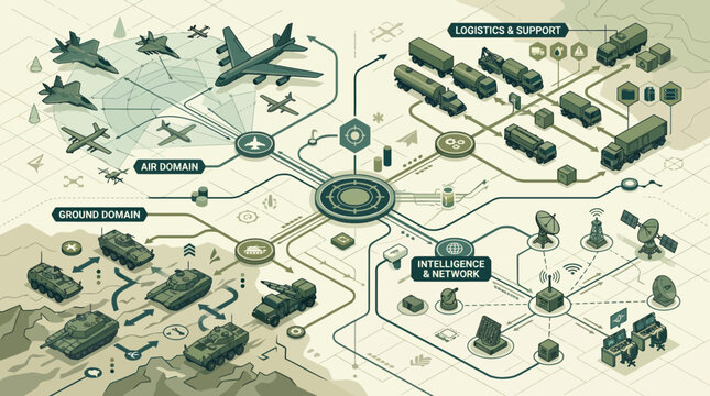 Integrated Military Operations Management Isometric Infographic Air Ground Logistics Intelligence and Command System