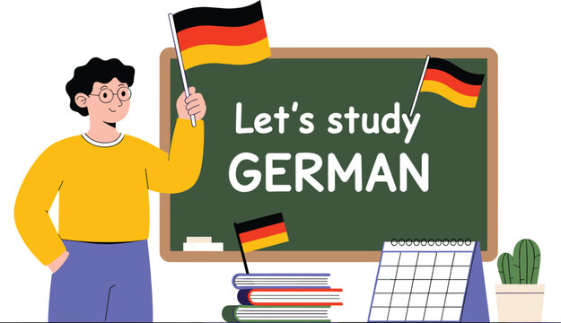 Young student holding flag next to blackboard with lets study German text concept vector illustrationYoung student holding flag next to blackboard with lets study German text 