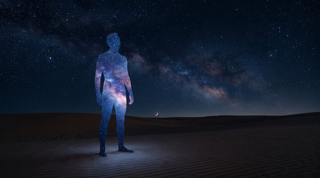A surreal conceptual image of a human silhouette filled with a vibrant starry galaxy nebula, standing alone in a vast, dark desert at night, representing introspection, cosmic connection, and existent