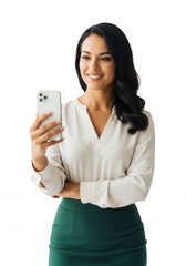 Fototapeta premium Smiling woman holding and showing smartphone happily
