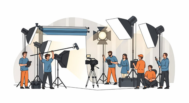 Film production set with crew members recording video