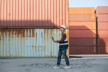 Fototapeta premium Port supervisor pointing and inspecting container stacks