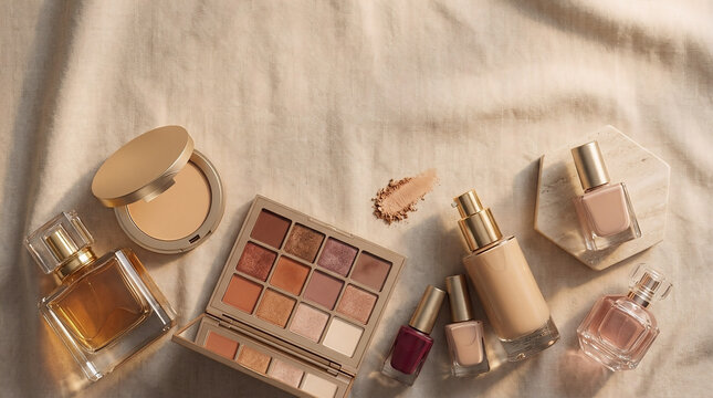 Luxury Cosmetics Flat Lay Background: A premium graphic resource of makeup products on beige fabric with copy space for beauty branding design.