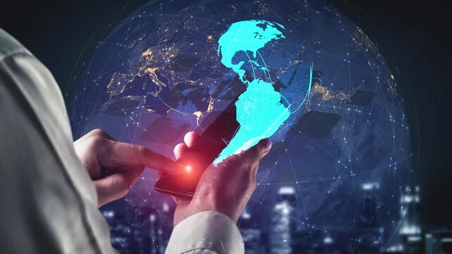 Global network connection visualization showing data exchange, digital link, worldwide communication. Global data flow and digital network infrastructure connecting regions around the world. Thunk