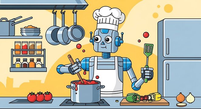 Happy robot chef cooking colorful dishes in futuristic kitchen.