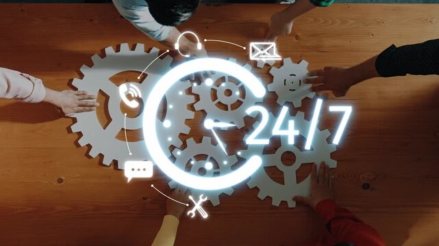 This image showcases hands working collaboratively around gears and a clock symbol, emphasizing 24-hour service and innovation in a dynamic business environment. Raster
