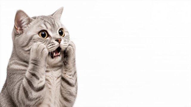 Shocked reaction grey tabby cat with hands on cheeks, horizontal video