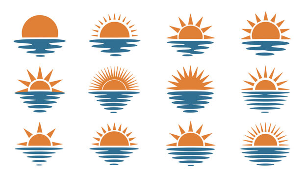 Abstract Sun silhouettes vector set, minimalist sunset reflection on water icons, simple horizon sun shapes, modern nature symbol design, clean geometric style.