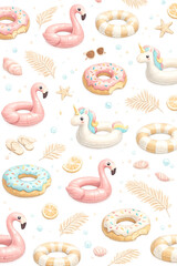 Fototapeta premium pastel pool floaties, beach bliss, summer vibes, tropical beach, inflatable floats, pastel aesthetic, pool party, seaside relaxation, colorful floaties, vacation vibes, beach lifestyle, sunny paradise