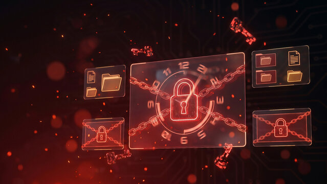 Glowing Red Cyber Padlock with Sparkling Chains Holographic Folders Clock Icons Toward Security Innovation Protection Perfect for Cybersecurity Advertising and IT Branding