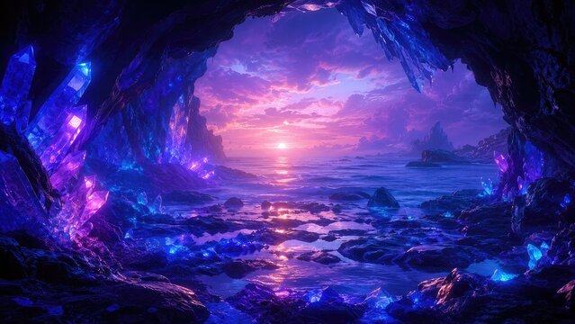 Magical Crystal Cave Overlooking A Serene Ocean Sunrise With Purple Hues
