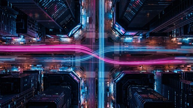 Top-down aerial drone shot of a modern city intersection surrounded by towering dark skyscrapers showcasing intense neon light trails now.