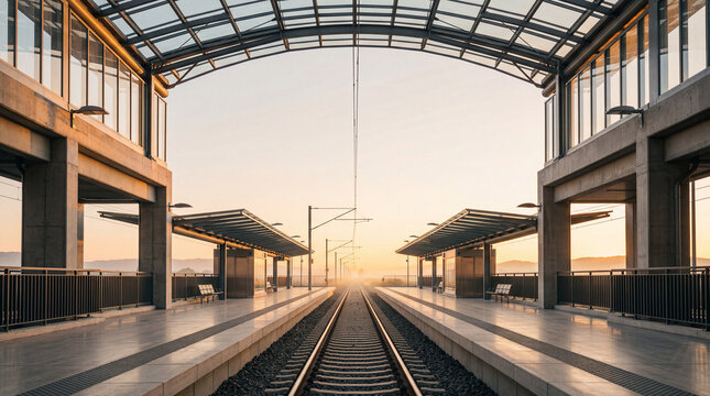 Modern station architecture bathed in a gentle morning light with parallel tracks disappearing into a soft horizon