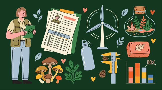 Illustration of an ecologist studying mushrooms and plants, alongside sustainable energy and conservation tools
