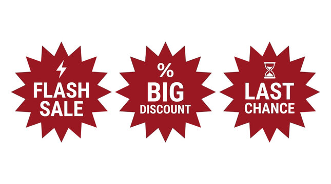 A vibrant collection of graphic badges for sales, discounts, and limited-time offers, perfect for retail promotions and ecommerce marketing campaigns to attract customers