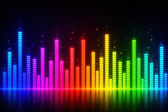 A glowing rainbow audio equalizer visualizes sound with vibrant, colorful bars, reflections, and sparkles against a dark background.