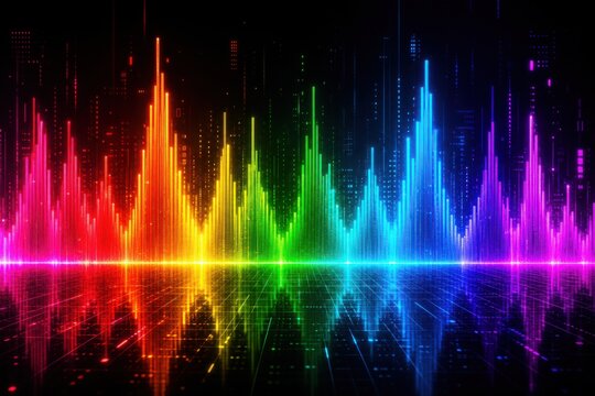 A vibrant, digital soundwave equalizer glowing with rainbow colors against a dark background, reflecting on a futuristic grid.