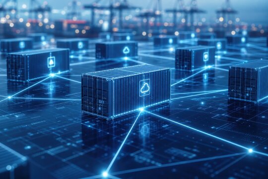 A futuristic depiction of a smart logistics network with interconnected shipping containers on a digital grid, symbolizing global supply chain technology and data management.