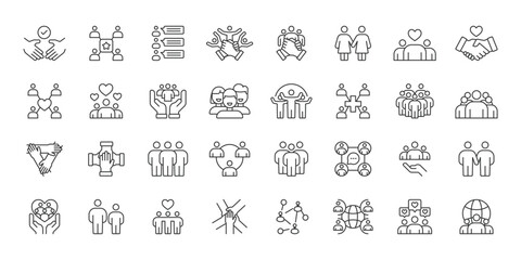 Fototapeta premium Friendship icons in line design. friendship, people, communication, support, relationship, social, connection on white background vector. Friendship editable stroke icon