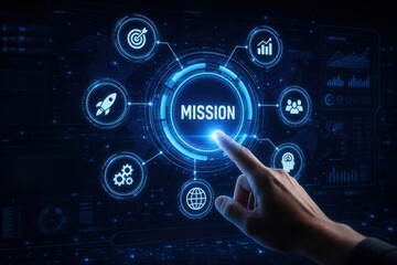 Fototapeta premium A hand pressing a 'MISSION' button on a futuristic digital interface with icons representing business strategy, goals, teamwork, and growth.