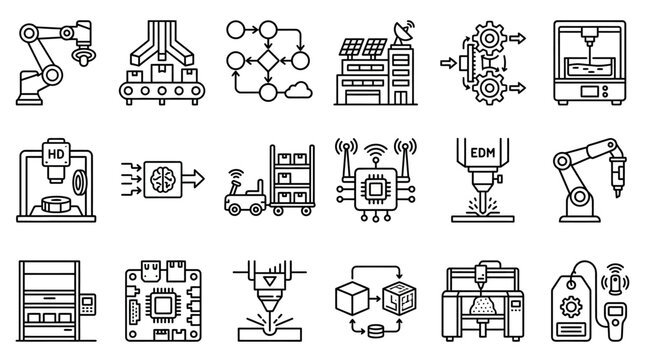 Modern Industrial Automation and Manufacturing Icons. Vector set illustrating robotics, smart factory technology, 3D printing, and advanced production processes for Industry 4.0 efficiency
