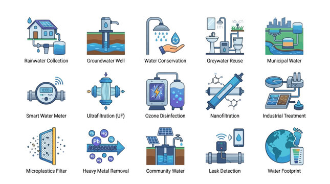 Comprehensive Icon Set Advanced Water Management Systems, Sustainable Water Purification Processes, and Resource Conservation Technologies