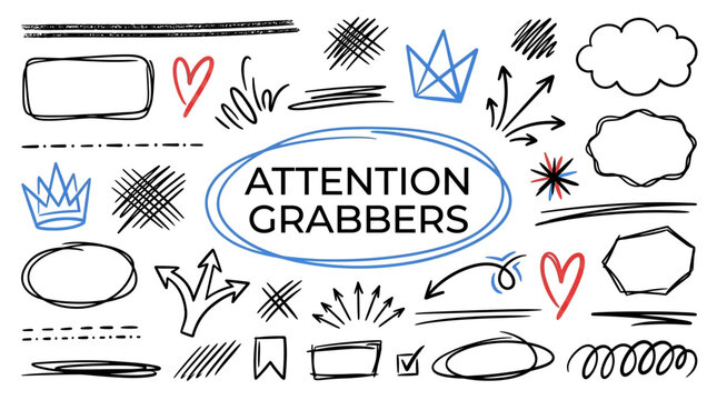 Dynamic set of hand-drawn graphic elements, including arrows, frames, and scribbles, designed to effectively highlight content and capture audience focus