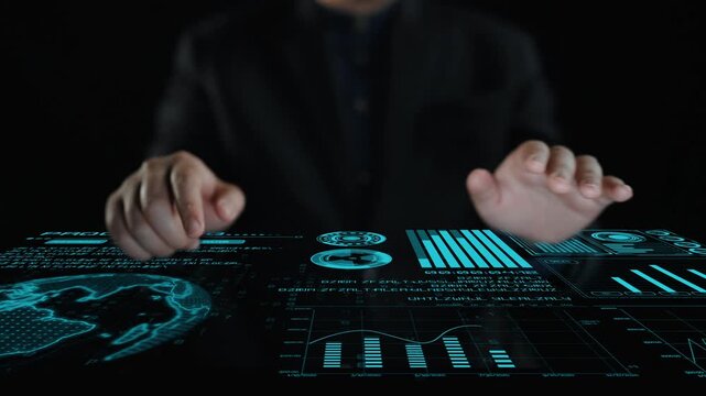 A professional in a suit interacts with a futuristic digital dashboard, showcasing stacks of data and analytics. This imagery represents innovation in business analysis and technology. Cipher