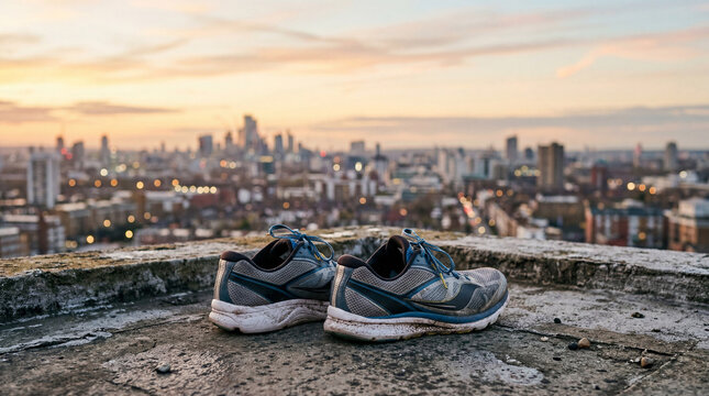 Urban warrior's tired trainers rest on a concrete rooftop overlooking a sprawling city at a vibrant sunset hour