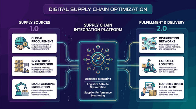 Comprehensive Digital Supply Chain Optimization Framework Illustrating Integrated Logistics and Operational Efficiency from Sourcing to Delivery