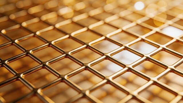 Abstract golden metallic grid mesh pattern, luxury background texture, geometric wireframe design, shiny copper or brass lattice structure, macro photography of industrial